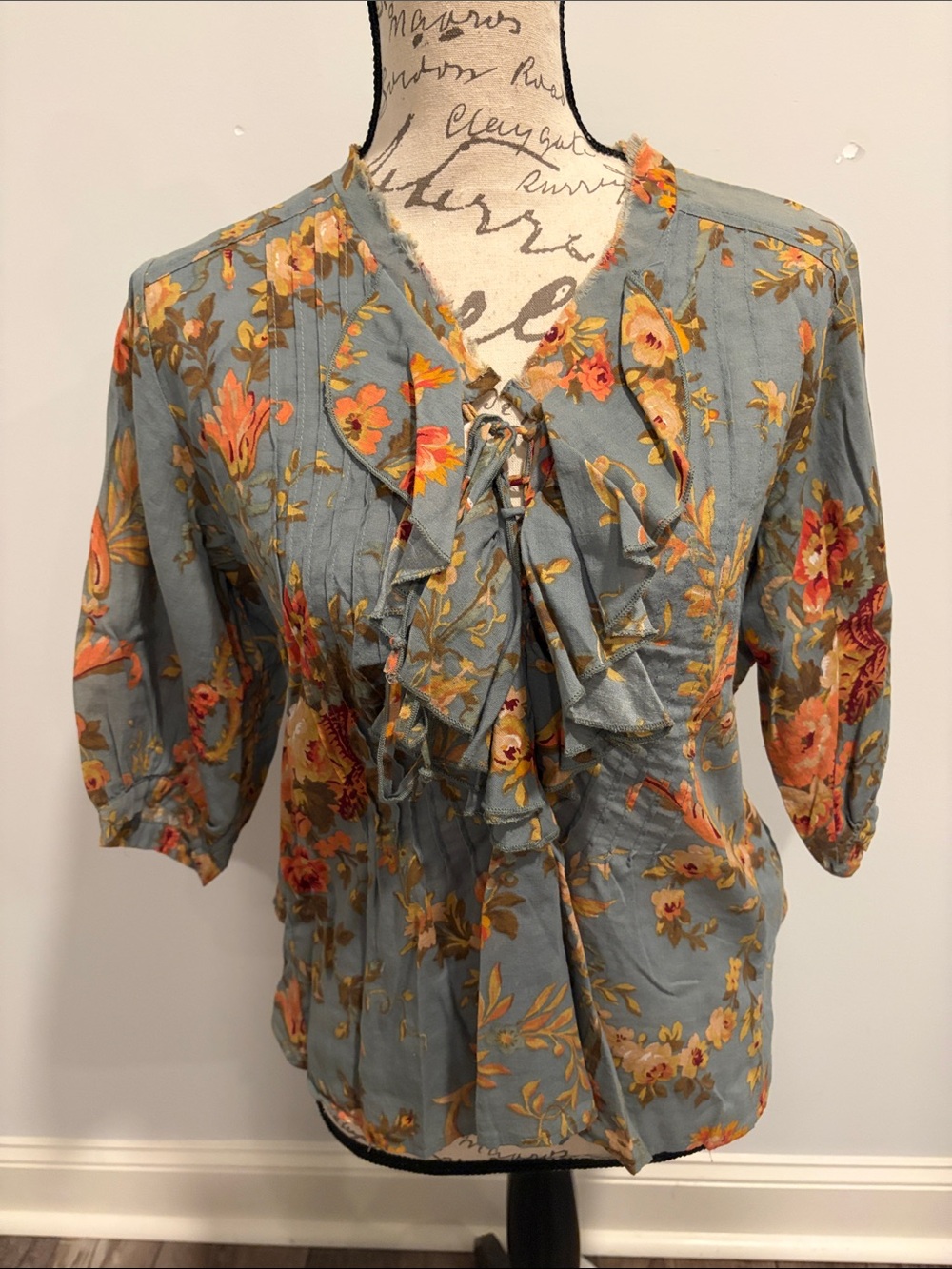 Denim & Supply Ralph Lauren Blue Floral Ruffle Tie-Neck Blouse